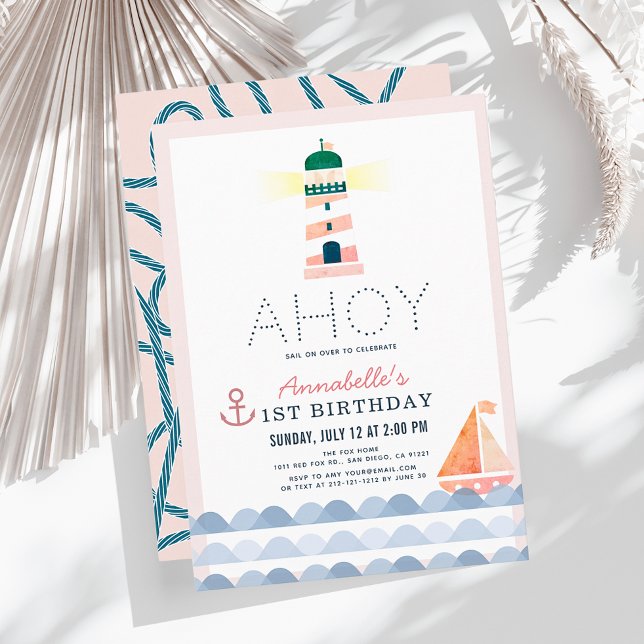 Invitación Ahoy Faro Nautical Chica Rosa 1er cumpleaños (Subido por el creador)