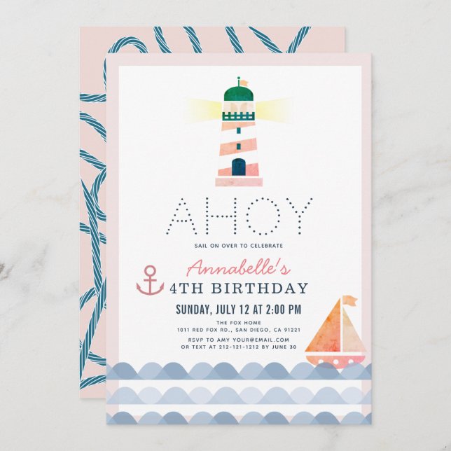 Invitación Ahoy Faro Nautical Chica Rosa Cumpleaños (Anverso / Reverso)