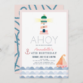 Invitación Ahoy Faro Nautical Chica Rosa Cumpleaños
