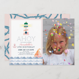 Invitación Ahoy Faro Nautical Chica Rosada Foto Cumpleaños