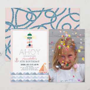 Invitación Ahoy Faro Nautical Chica Rosada Foto Cumpleaños