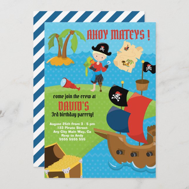 Invitación ¡Ahoy! Fiesta de cumpleaños de Pirate Ship Boy Pir (Anverso / Reverso)
