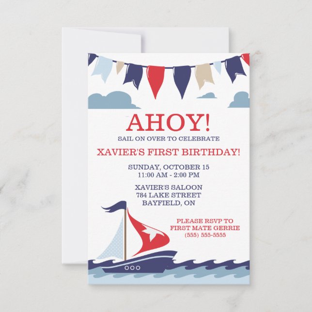 Invitación ¡AHOY! Fiesta Náutica de Cumpleaños (Anverso)