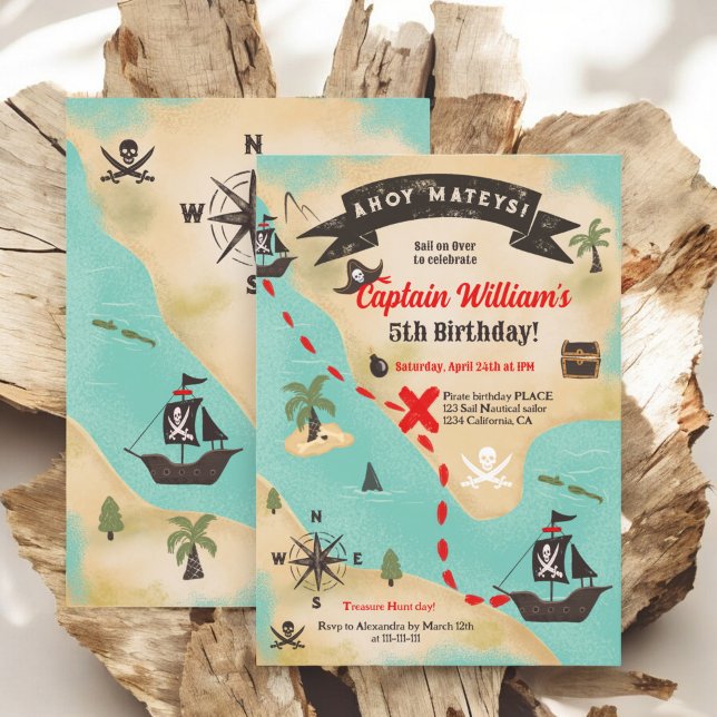 Invitación Ahoy Fun Pirate tesoro Mapa de niños 5 años (Ahoy Fun Pirate treasure Map kids 5th birthday Invitation)