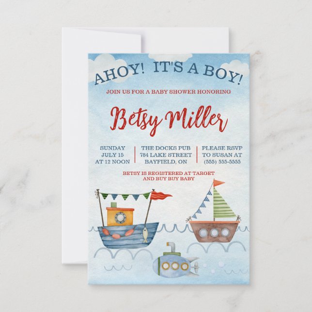Invitación ¡AHOY! It's a Boy! Baby Shower de barcos y submari (Anverso)