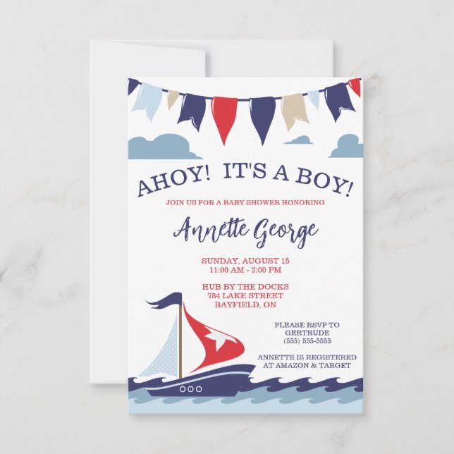 Invitación ¡AHOY! It's a Boy! Baby Shower Nautical (Anverso)