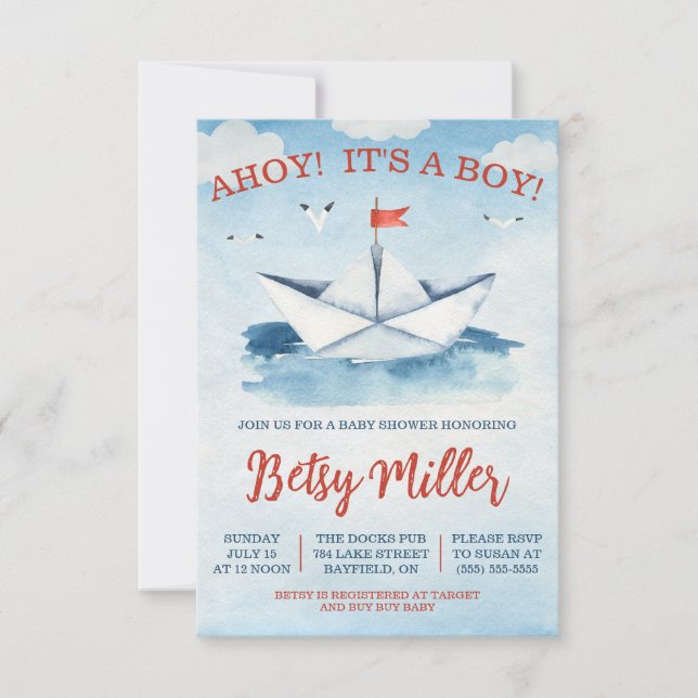 Invitación ¡AHOY! It's a Boy! Baby Shower Nautical Paper Boat (Anverso)