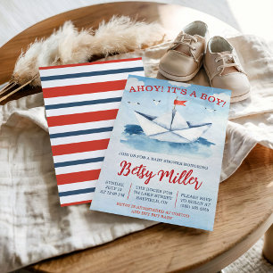 Invitación ¡AHOY! It's a Boy! Baby Shower Nautical Paper Boat