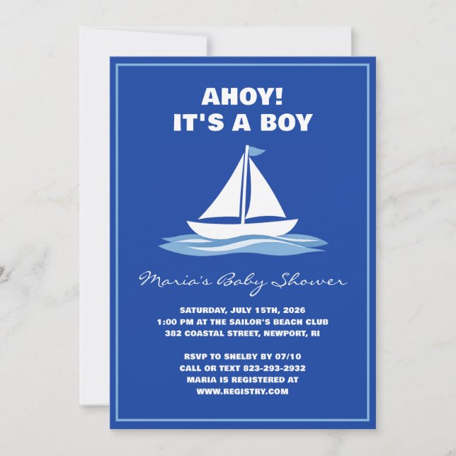 Invitación Ahoy It's a Boy! Blue Nautical Boat Baby Shower  (Anverso)