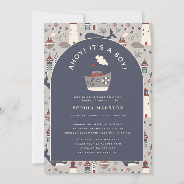 Invitación Ahoy It's a Boy Nautical Blue Baby Shower  (Anverso)