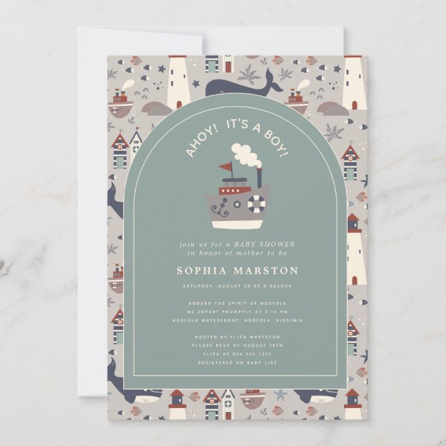 Invitación Ahoy It's a Boy Nautical Blue Baby Shower  (Anverso)
