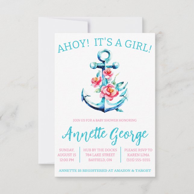 Invitación ¡AHOY! It's a Girl! Baby Shower de ancla floral (Anverso)