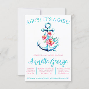 Invitación ¡AHOY! It's a Girl! Baby Shower de ancla floral