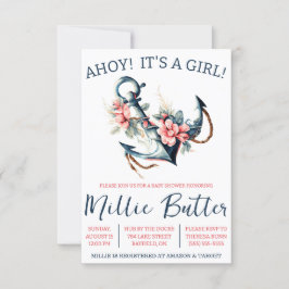 Invitación ¡AHOY! It's a Girl! Baby Shower de ancla floral