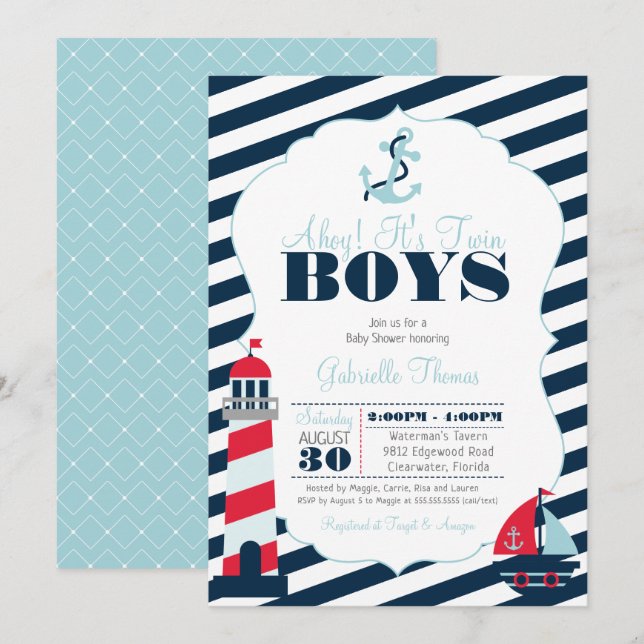 Invitación Ahoy Marina Náutica Blue Twin Boy Baby Shower (Anverso / Reverso)