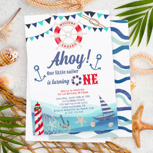 Invitación Ahoy marinero barco azul rojo primer cumpleaños