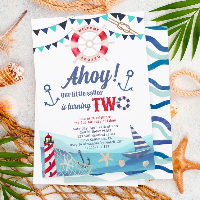 Invitación Ahoy marinero barco náutico azul rojo 2º cumpleaño (Subido por el creador)
