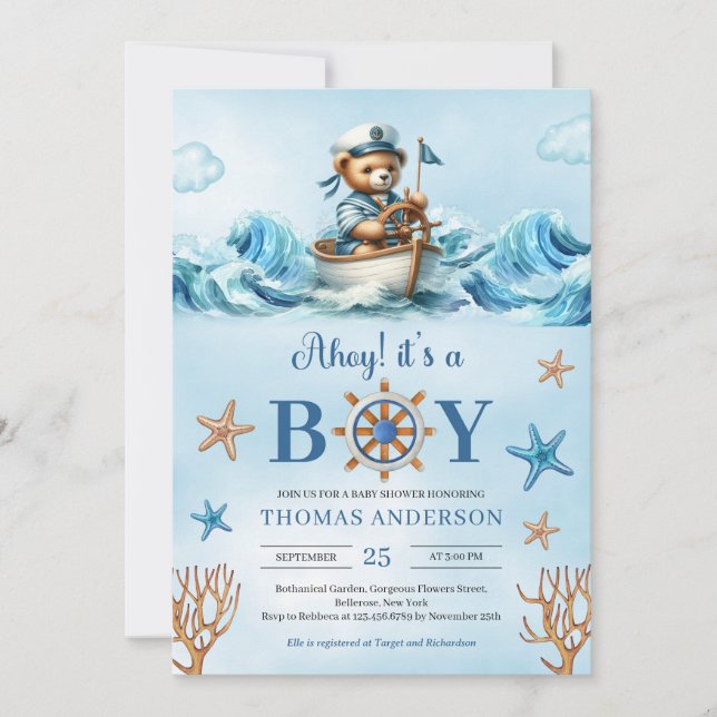 Invitación Ahoy marinero de osito de teddy azul y marrón (Anverso)