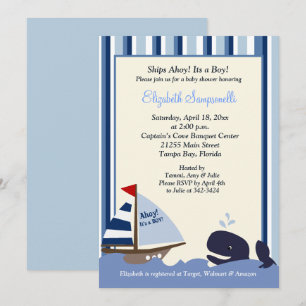 Invitación Ahoy Mate Blue Stripe Whale Baby Shower 5x7