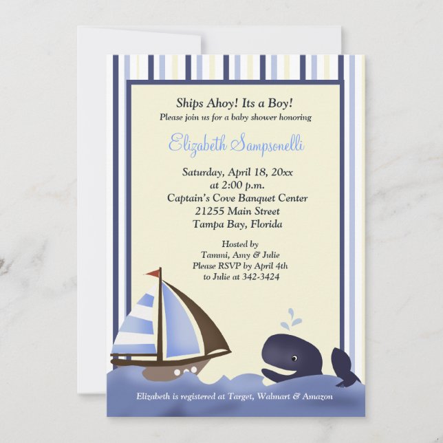 Invitación Ahoy Mate Blue Whale Baby Shower 5x7 (Anverso)