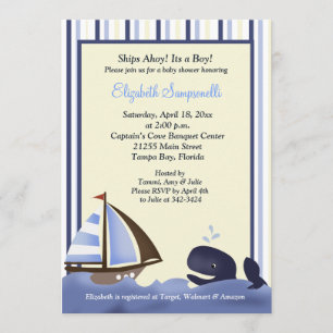 Invitación Ahoy Mate Blue Whale Baby Shower 5x7