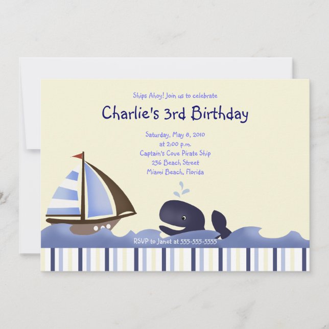 Invitación Ahoy Mate Blue Whale Cumpleaños 5x7 Náutico (Anverso)
