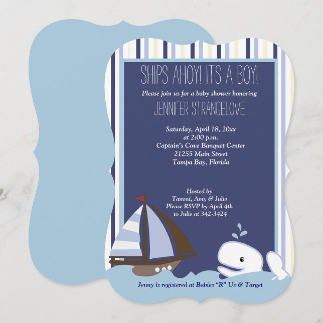 Invitación Ahoy Mate Whale Sailboat Baby Shower muere (Anverso / Reverso)