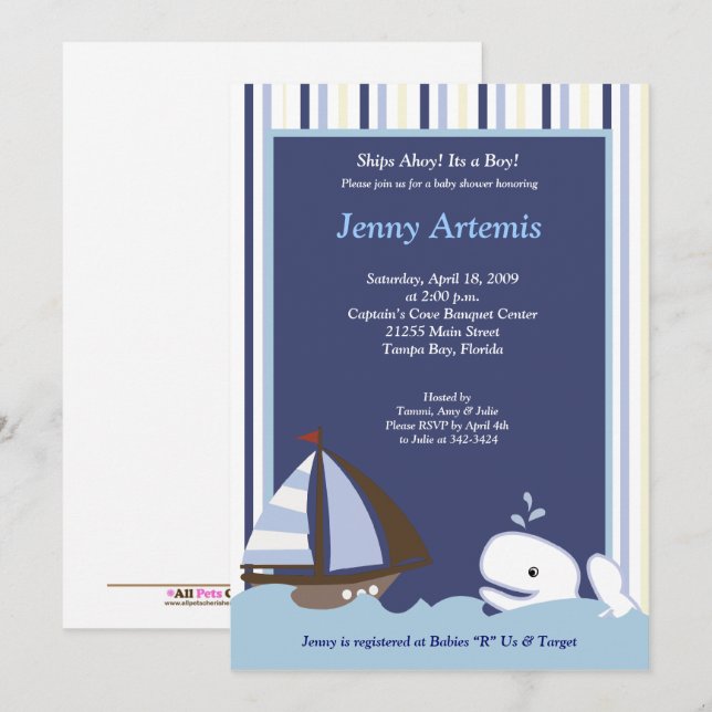 Invitación Ahoy Mate Whale Sailboat Boy Nautical Baby Shower (Anverso / Reverso)