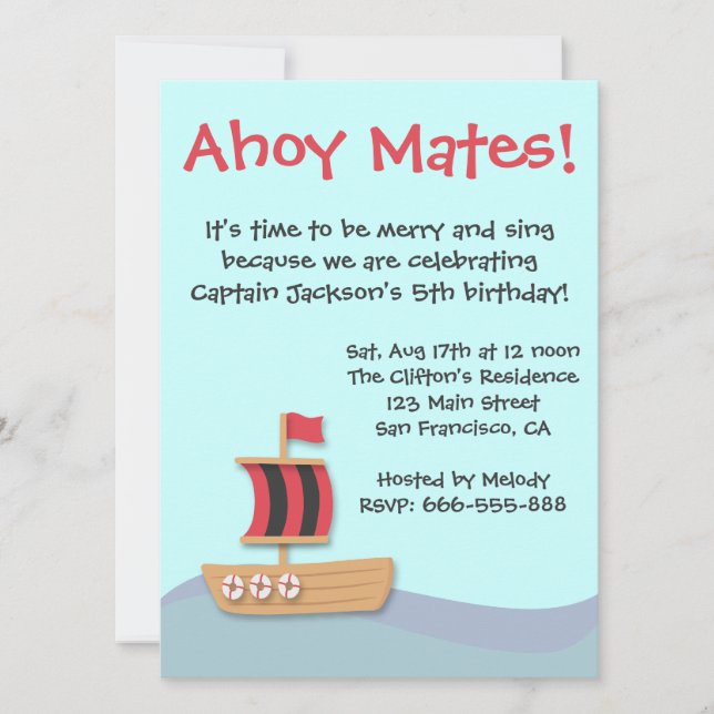 Invitación Ahoy Mates Black Red Sail Ship Kids Birday Fiesta (Anverso)