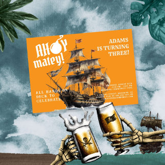 Invitación ¡Ahoy Matey! Cumpleaños del Barco Pirata naranja