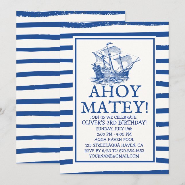 Invitación ¡Ahoy Matey! Cumpleaños del Barco Pirata Negro (Anverso / Reverso)