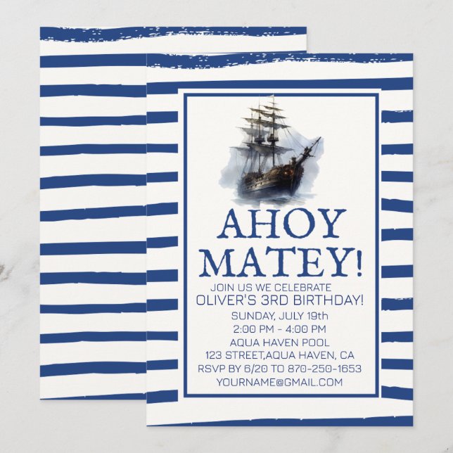 Invitación ¡Ahoy Matey! Cumpleaños del Barco Pirata Negro (Anverso / Reverso)