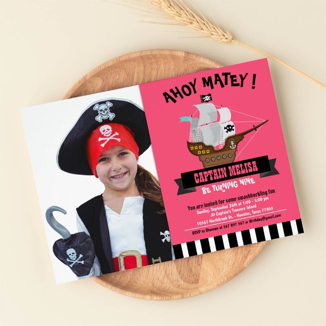 Invitación ¡Ahoy Matey! Foto de cumpleaños del pirata rosado  (Subido por el creador)