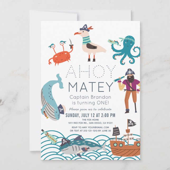 Invitación Ahoy Matey Pirate Sea Animals 1er cumpleaños (Anverso)