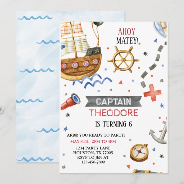 Invitación Ahoy Matey Pirate Ship Boy Cumpleaños (Anverso / Reverso)