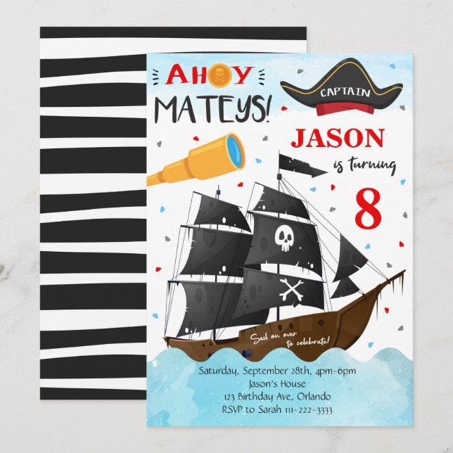 Invitación Ahoy Mateys Pirate Invite al cumpleaños (Anverso / Reverso)