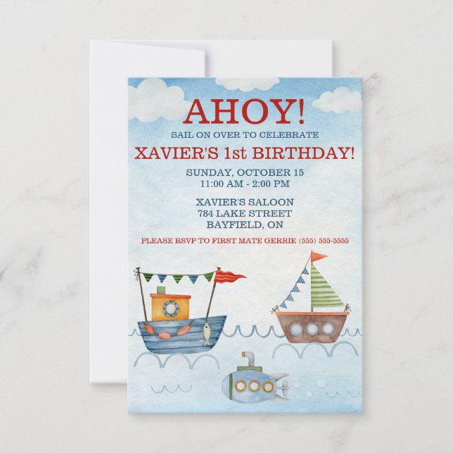 Invitación ¡AHOY! Náutica y fiesta de cumpleaños submarino (Anverso)