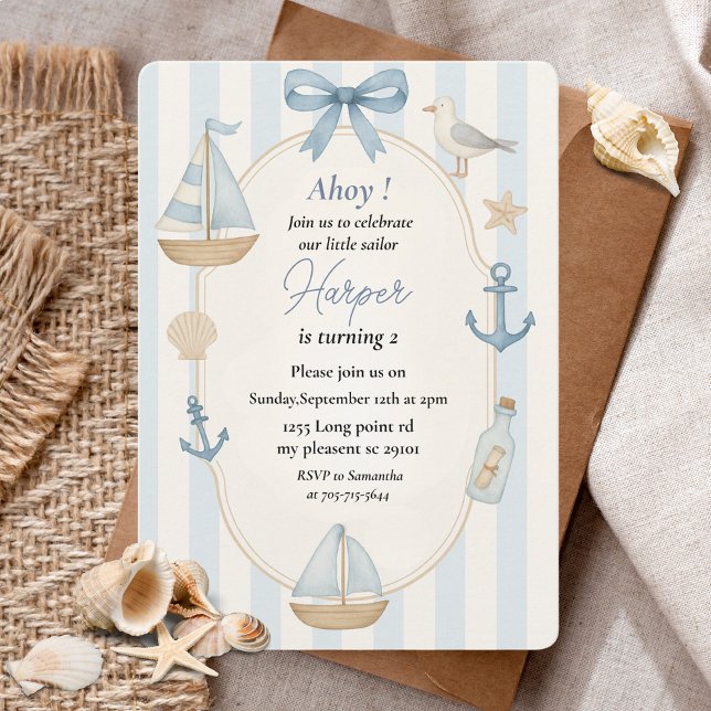 Invitación Ahoy Nautical Blue Birthday | Pastel Sailboat (Subido por el creador)