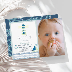 Invitación Ahoy Nautical Blue Boy Foto Primer cumpleaños