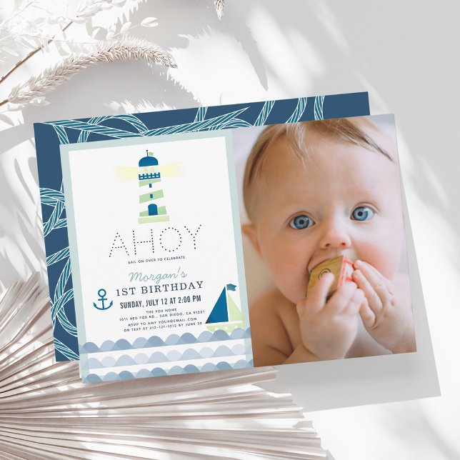 Invitación Ahoy Nautical Blue Boy Foto Primer cumpleaños (Subido por el creador)