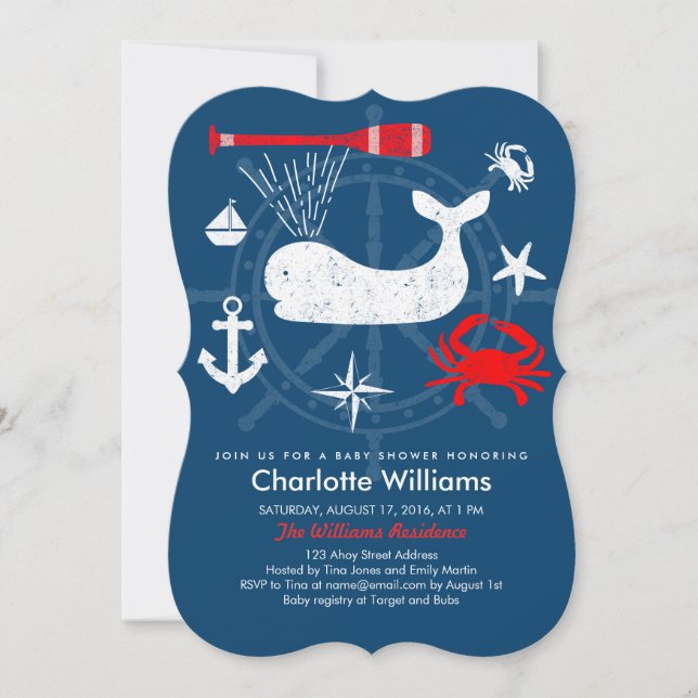 Invitación Ahoy Nautical Blue & Red Baby Shower (Anverso)