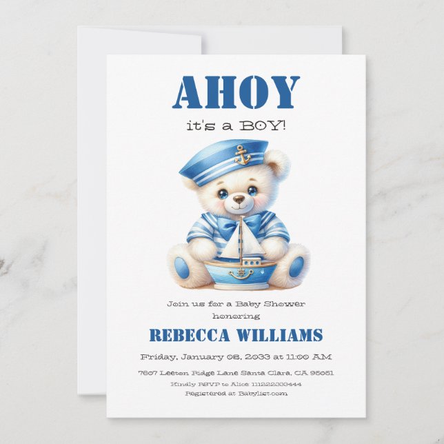 Invitación Ahoy Nautical Blue Sailor Bear Boy Baby Shower (Anverso)