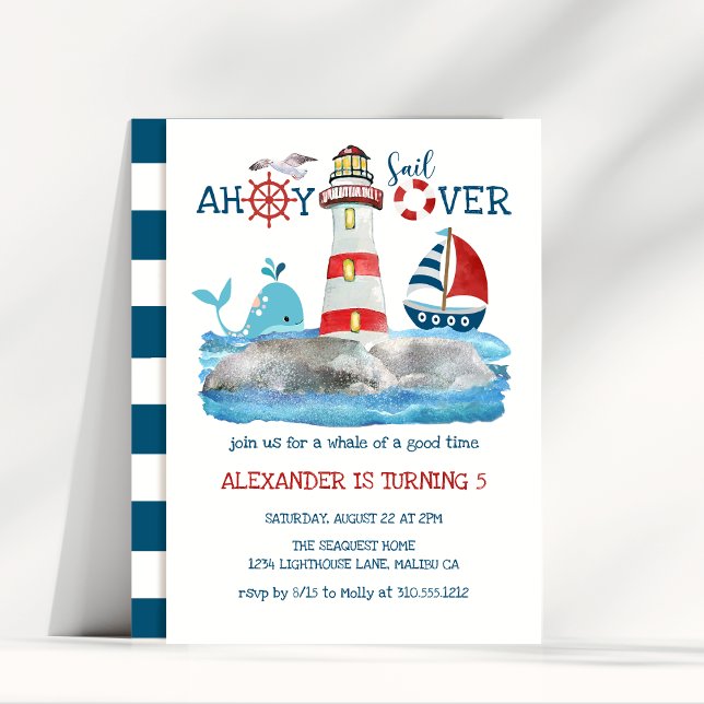 Invitación Ahoy Nautical Lighthouse Sailboat Whale Cumpleaños (Subido por el creador)