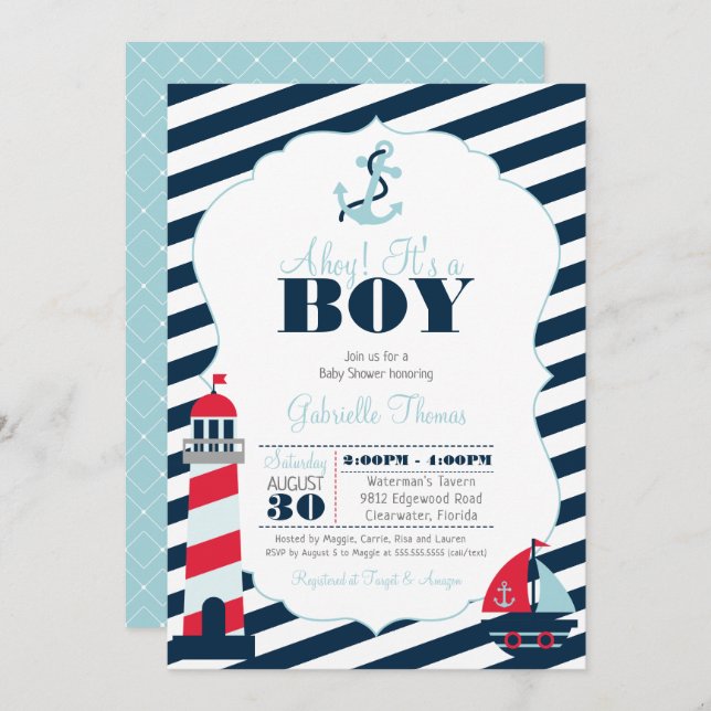 Invitación Ahoy Nautical Navy Blue Stripe Boy Baby Shower (Anverso / Reverso)