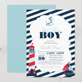 Invitación Ahoy Nautical Navy Blue Stripe Boy Baby Shower