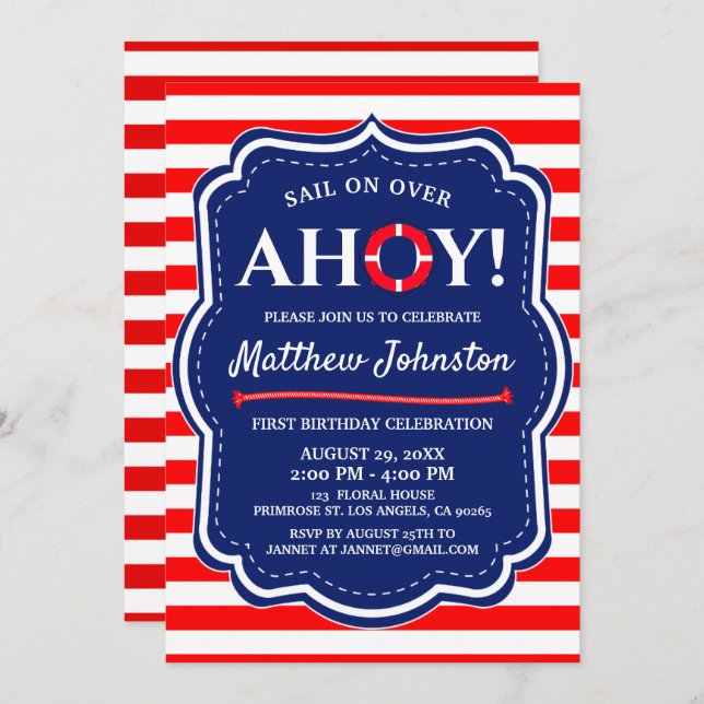 Invitación Ahoy Nautical Ocean Navy Blue Coastal Boy Cumpleañ (Anverso / Reverso)