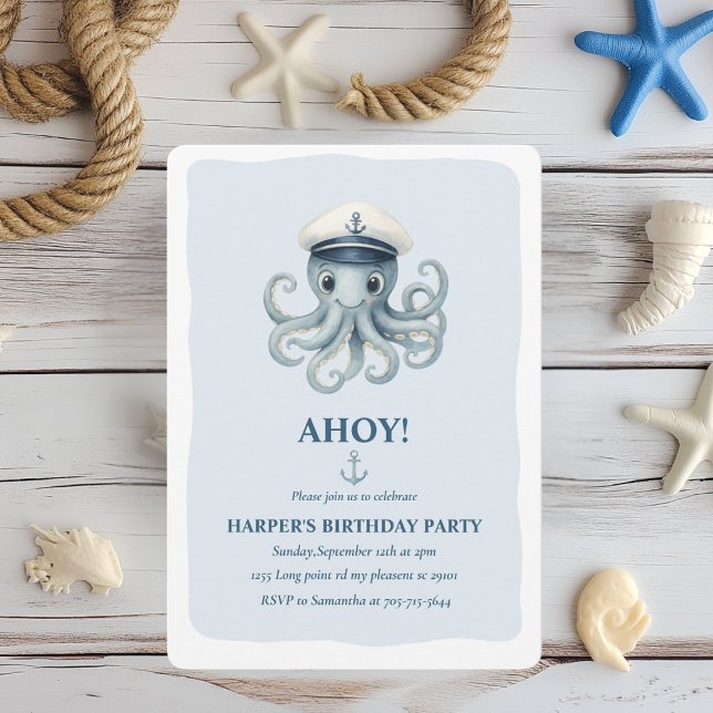 Invitación Ahoy Nautical Octopus Birthday | Ocean Sailor (Subido por el creador)