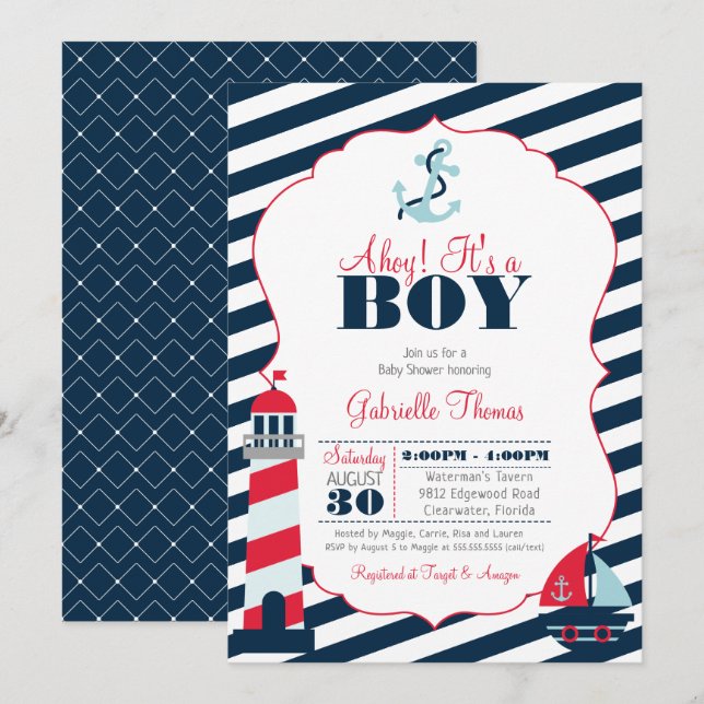 Invitación Ahoy Nautical Red Navy Stripe Boy Baby Shower (Anverso / Reverso)