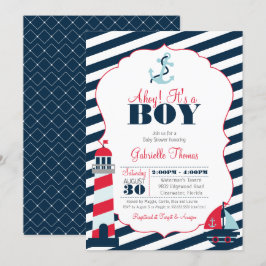 Invitación Ahoy Nautical Red Navy Stripe Boy Baby Shower