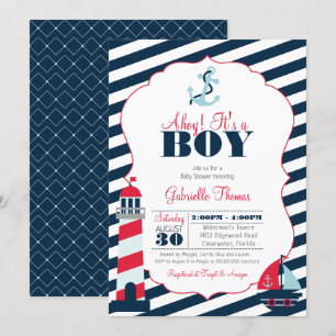 Invitación Ahoy Nautical Red Navy Stripe Boy Baby Shower